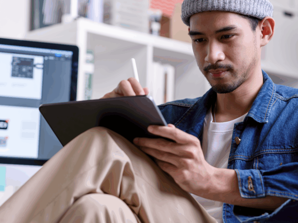 A man is sitting in a chair and drawing a t-shirt design using a pad.