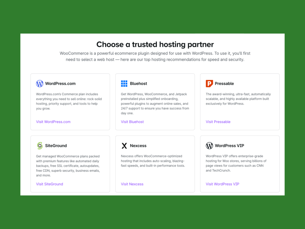 A screenshot showing different hosting partners.