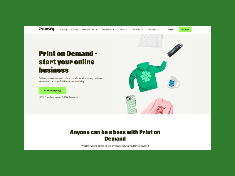 Printify homepage with a print-on-demand headline and custom products.