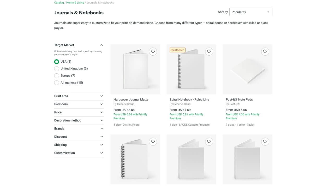 Notebooks and journals within Printify's product Catalog.