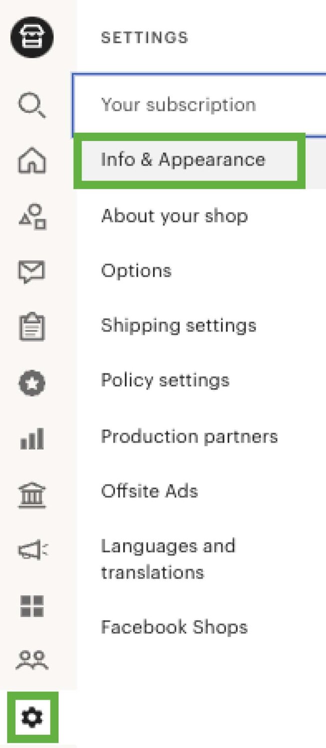 Etsy's Shop Manager left sidebar with the gear icon for “Settings” and the “Info & Appearance” sections highlighted.
