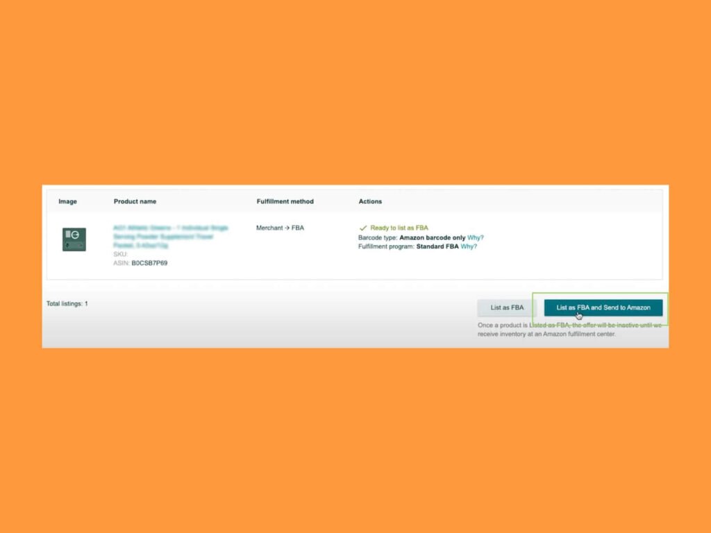 "List as FBA and Send to Amazon" button highlighted.