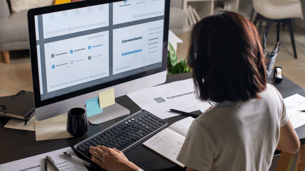 A woman focused on her work, using a computer with multiple screens for enhanced productivity.