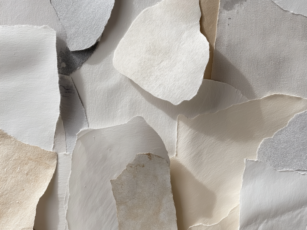 A pile of white paper scattered with various colorful sheets on top, showcasing a mix of hues and textures.