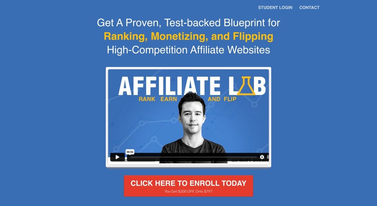 Matt Diggity's “The Affiliate Lab” paid course page hero section screenshot.