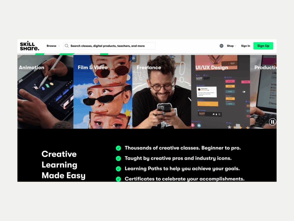 A screenshot of the Skillshare landing page.