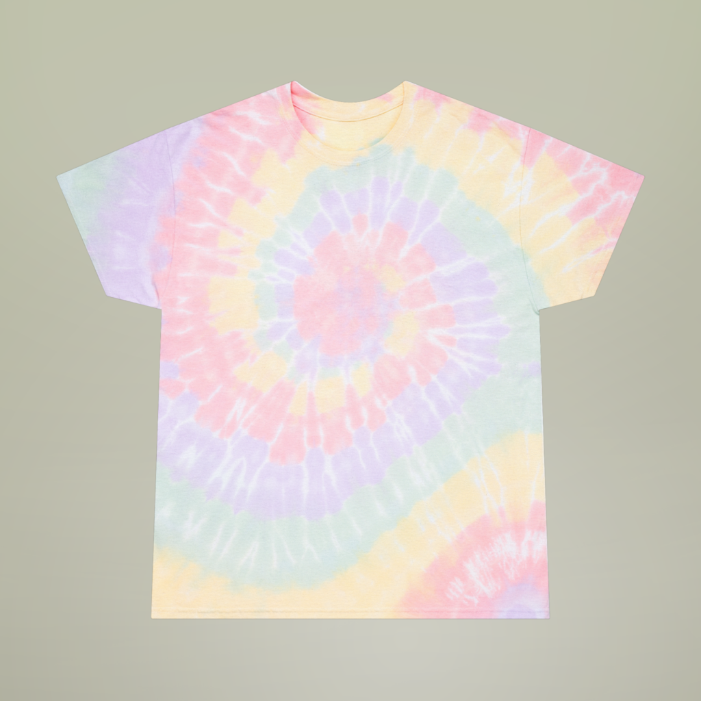 Light yellow, purple, green, and pink tie-dye t-shirt.