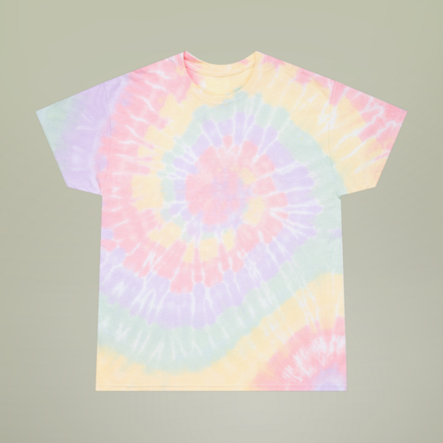 Light yellow, purple, green, and pink tie-dye t-shirt.
