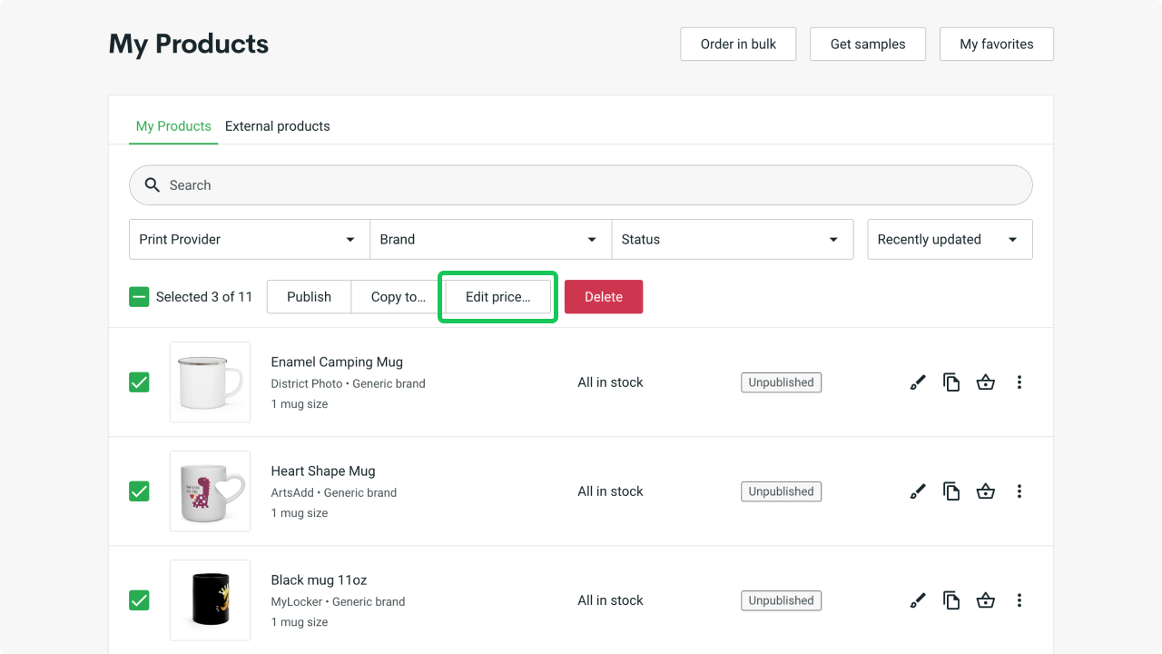A screenshot of the My Products page. The user has selected three mugs. A green line highlights the Edit price button.
