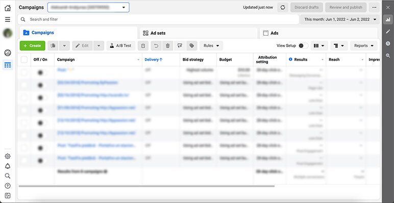 A screenshot of the Campaigns page in Meta ads with multiple campaign names blurred out.