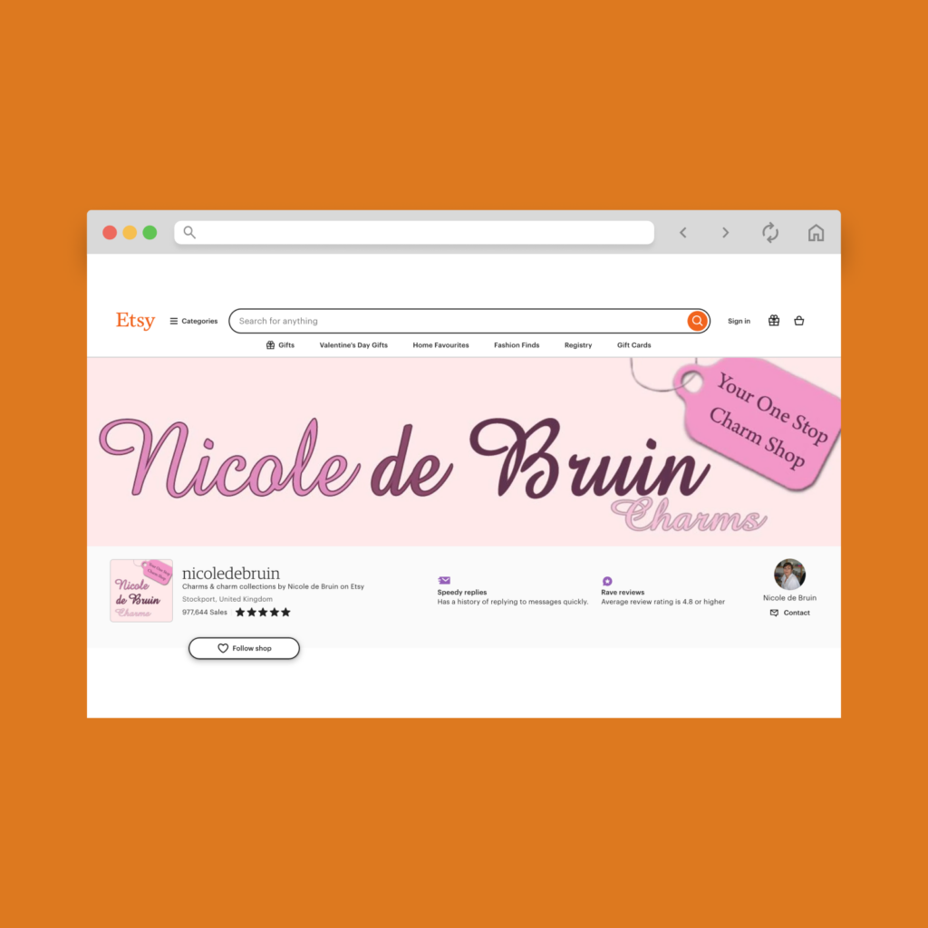 Nicoledebruin Etsy shop hero section screenshot.