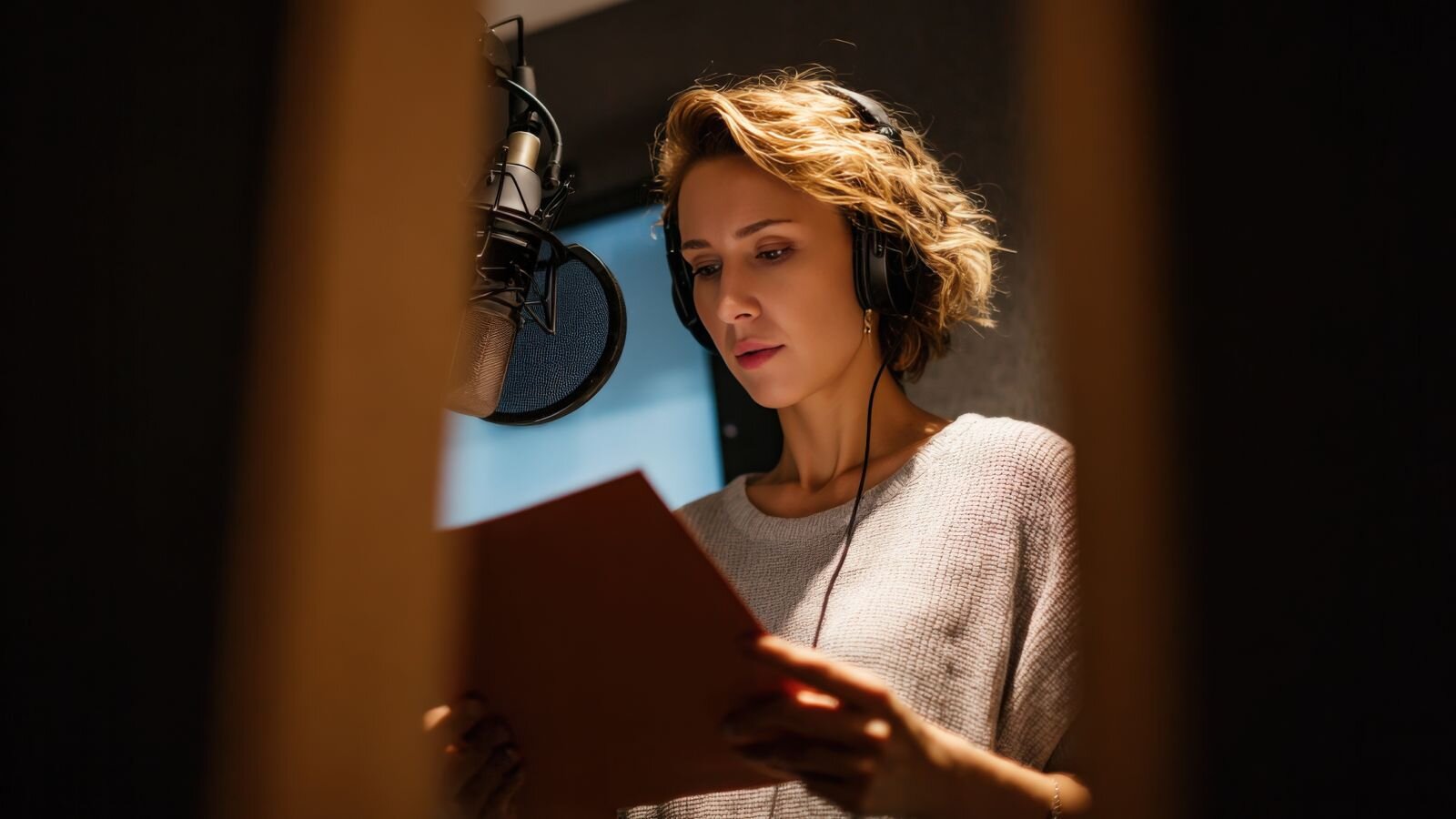 A woman in a soundproof studio reads a script into a microphone, wearing headphones.