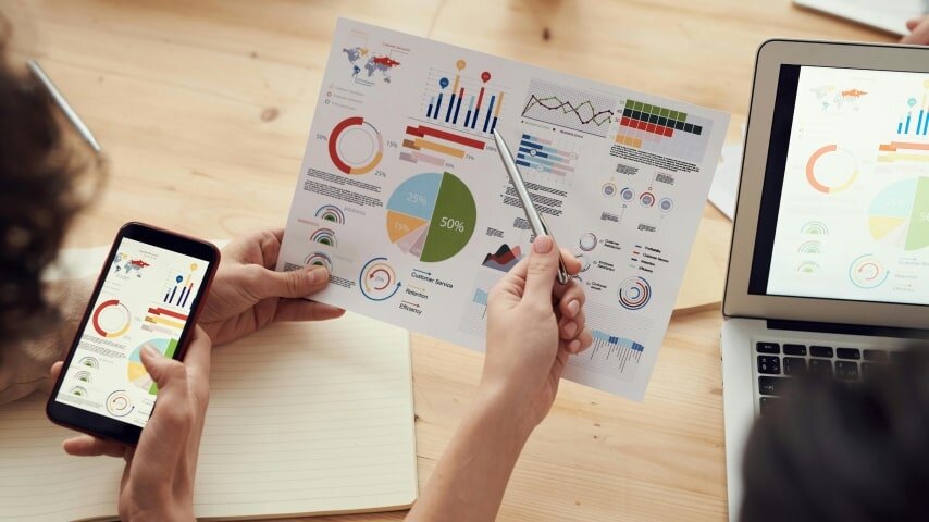People looking at graphs and analyzing marketing performance.