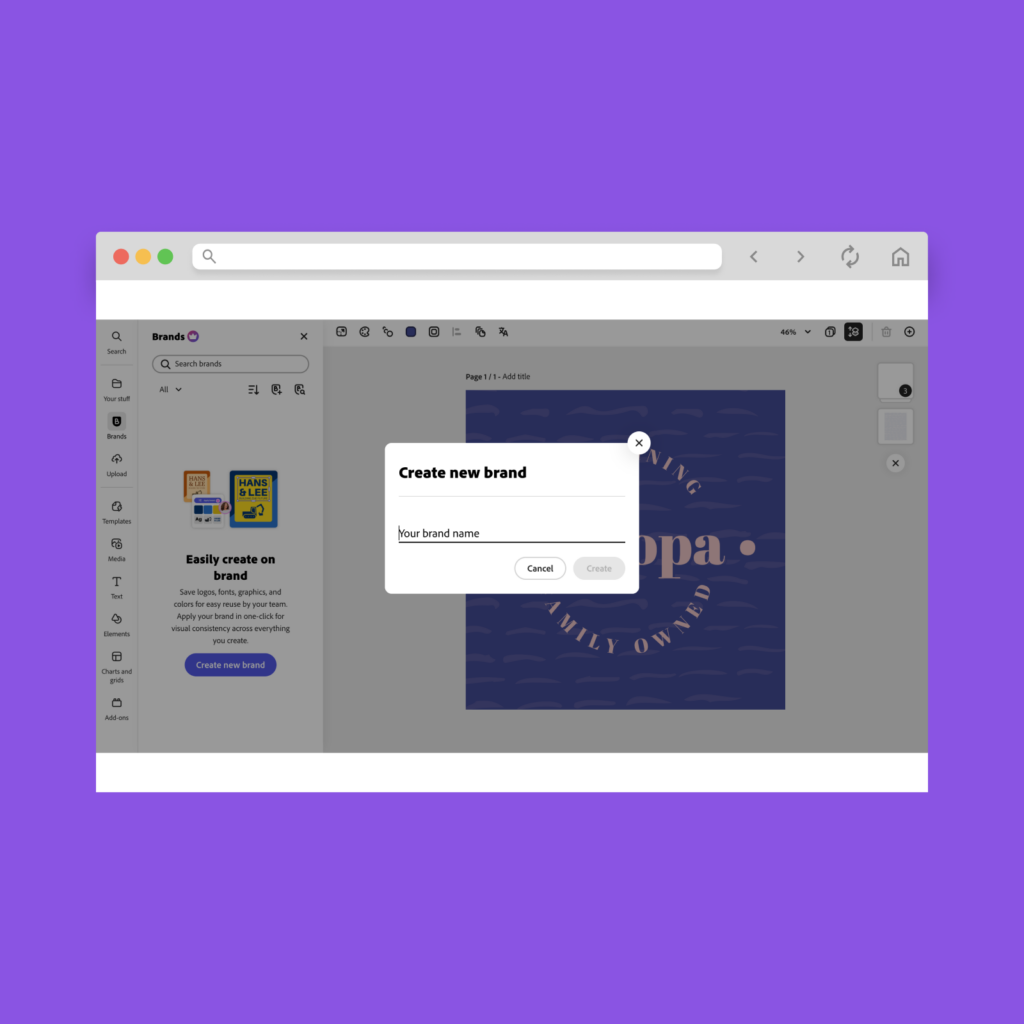 A screenshot of Adobe Express being used for logo creation and branding.