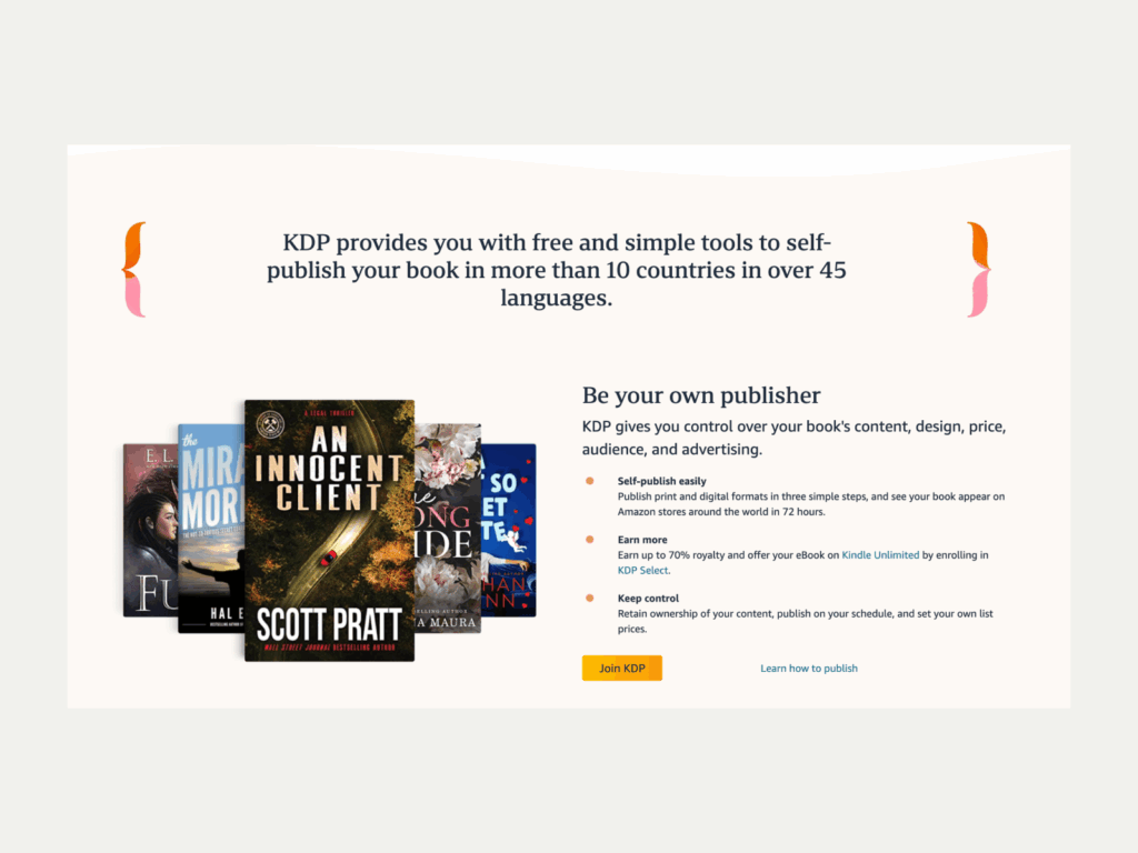 A screenshot of the Amazon KDP landing page.