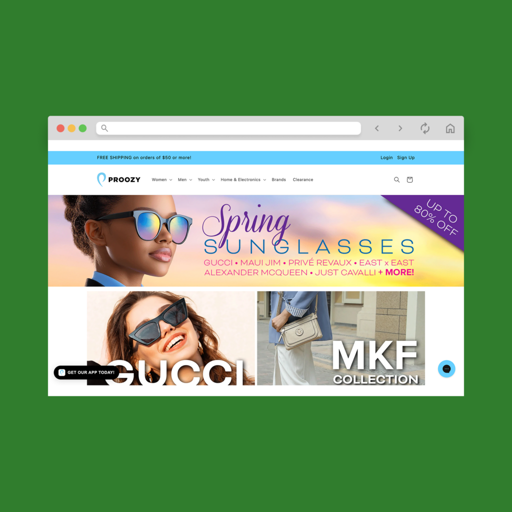 Proozy homepage hero section screenshot mockup as a Shopify clothing store example.