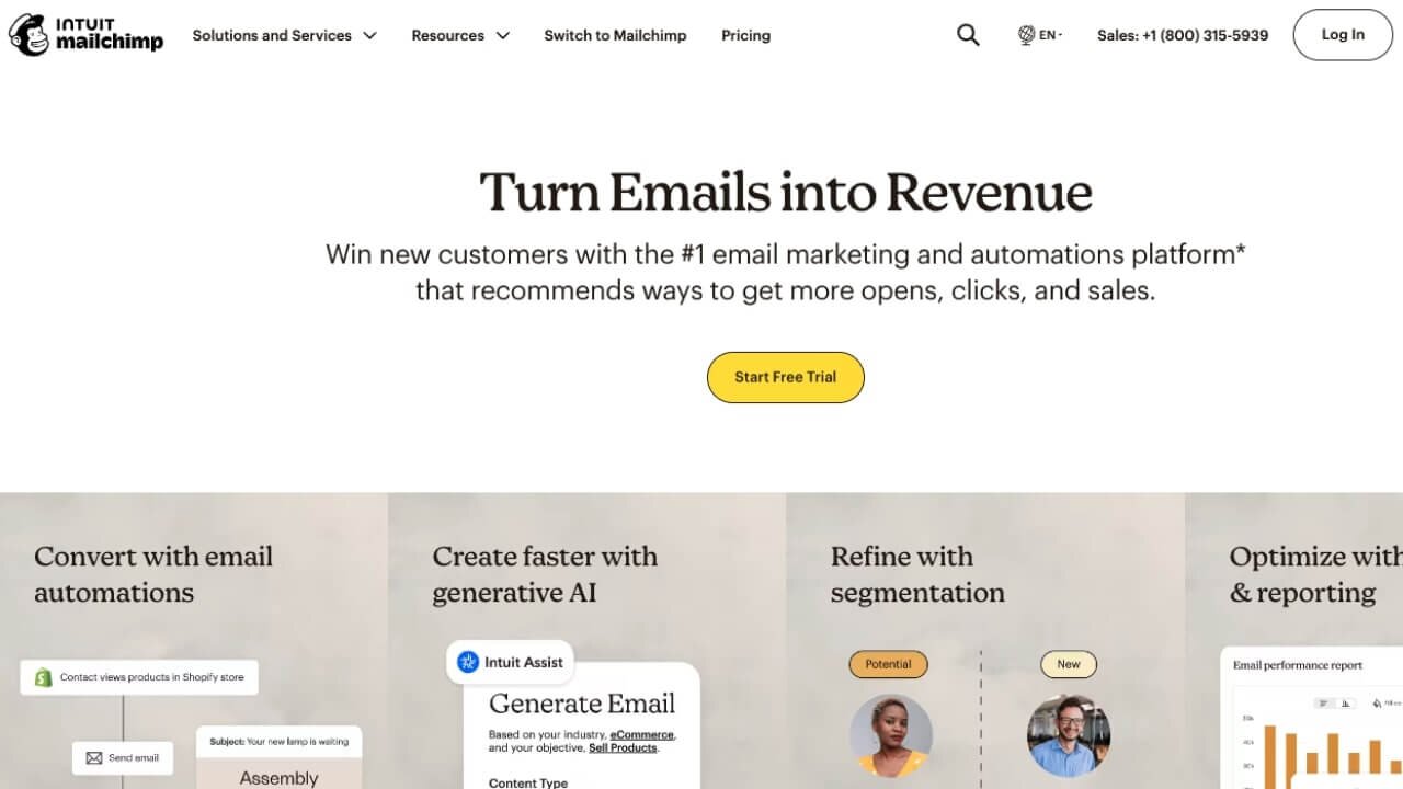 Mailchimp homepage promoting their email marketing features - AI, segmentation, optimization, and more.