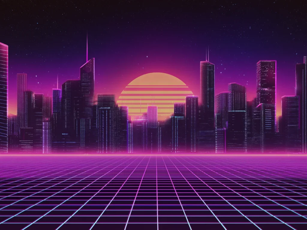 Retro cityscape featuring vibrant neon lights illuminating tall buildings against a night sky.