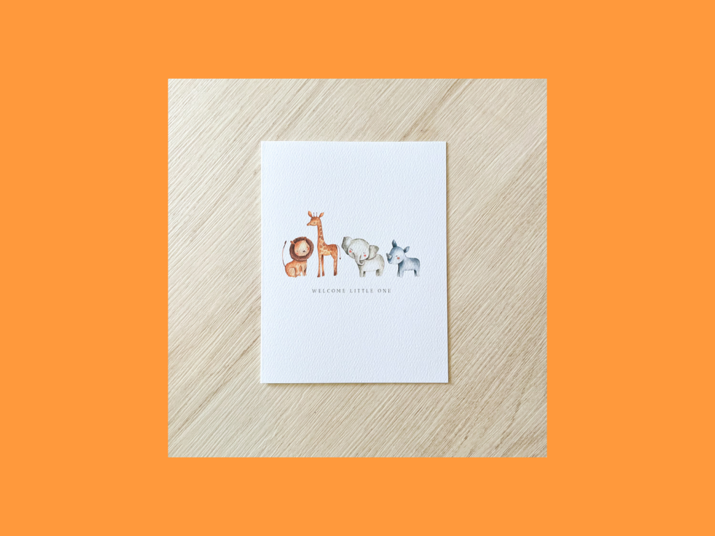 A greeting card with animals painted on it.