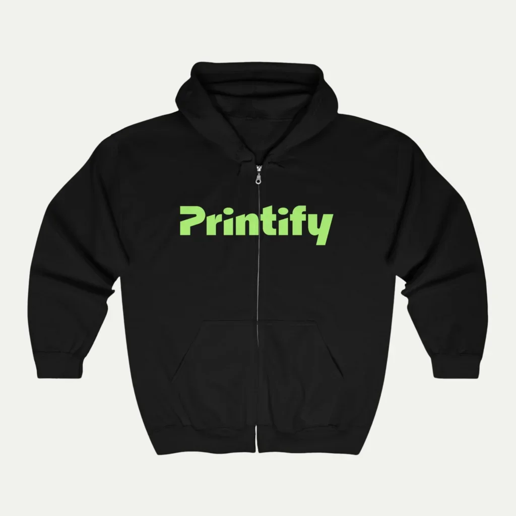 A mockup of a zip-up hoodie from the Printify catalog showing the center chest logo placement.