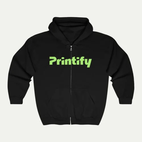 A mockup of a zip-up hoodie from the Printify catalog showing the center chest logo placement.
