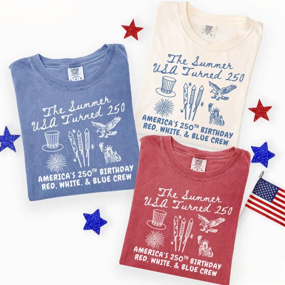 A blue, minimalistic 4th of July-themed t-shirt.
