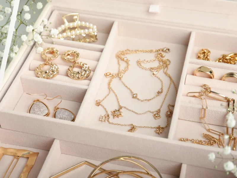 A beautiful jewelry box filled with stunning gold jewelry and accessories.
