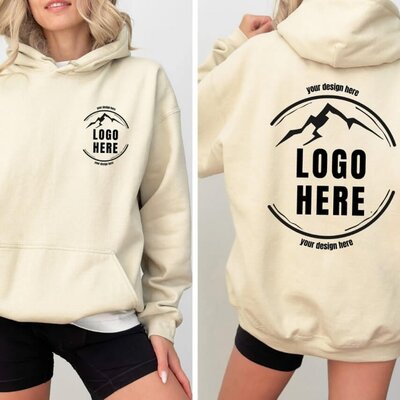 A woman wearing a hoodie with an example logo design on the back and left-chest side.