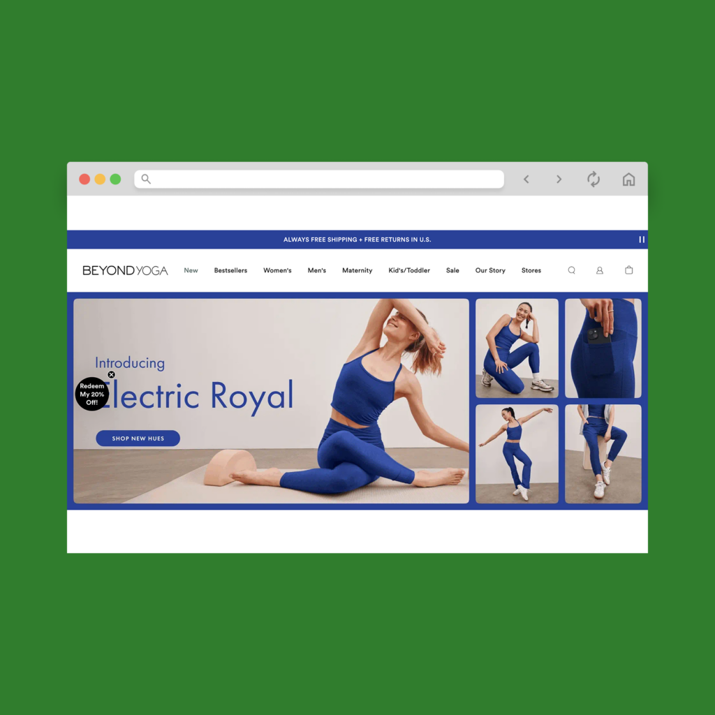 Beyond Yoga homepage hero section screenshot mockup as a Shopify clothing store example.