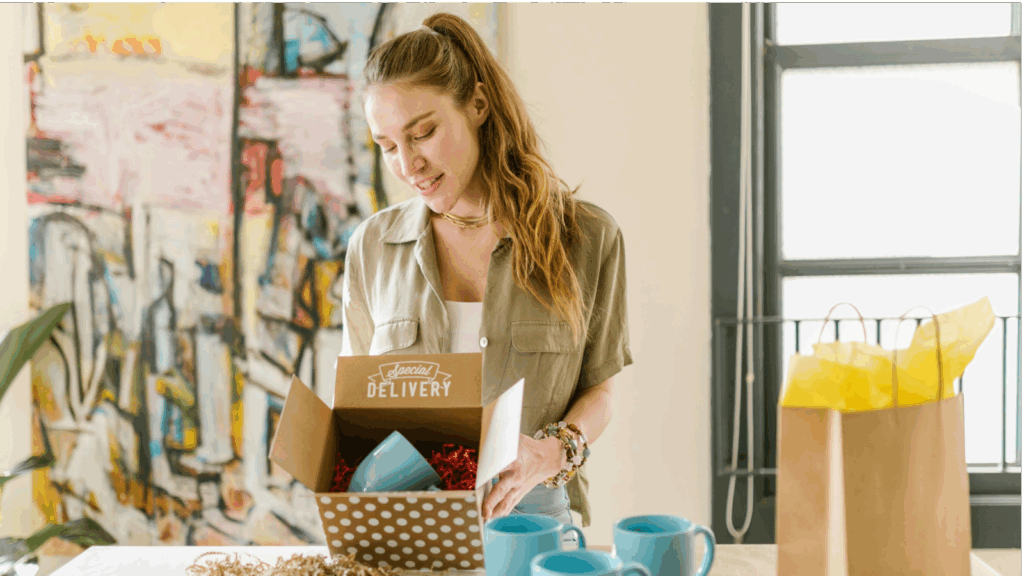 A woman joyfully opens a box, revealing a colorful gift inside.
