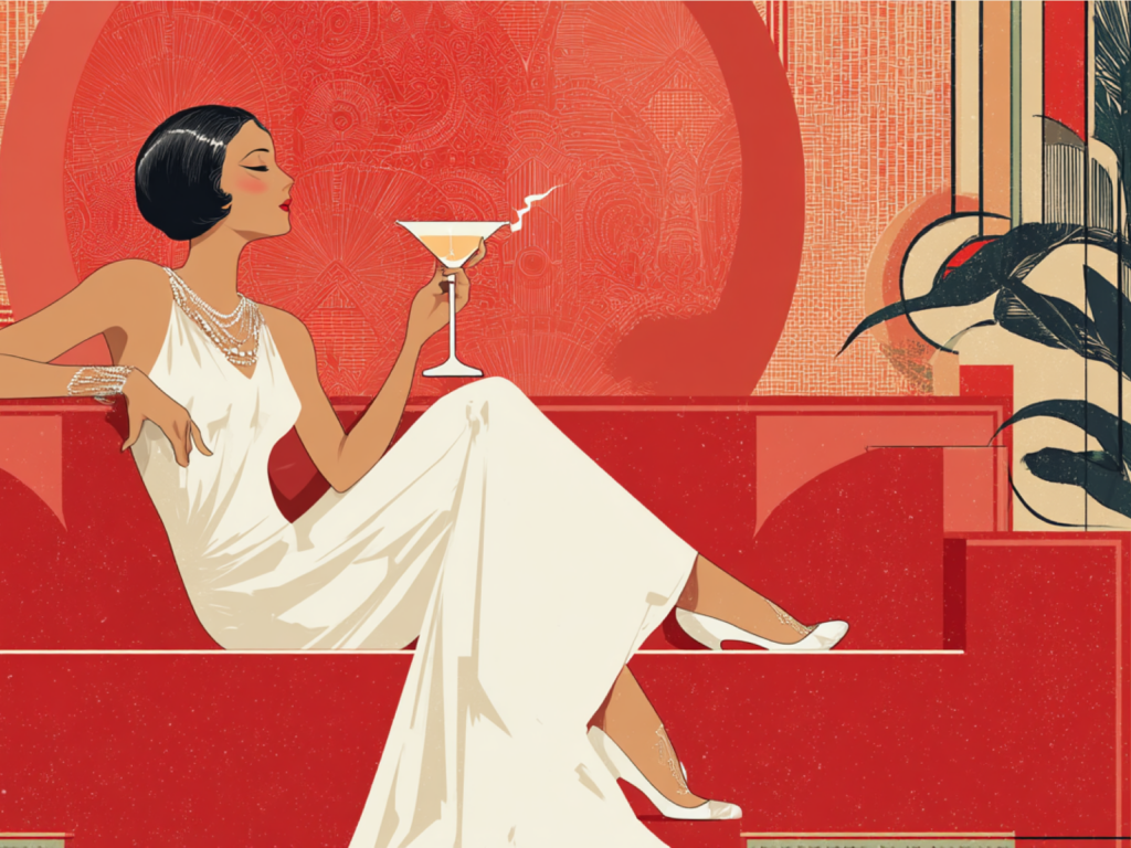 A woman in a white dress relaxes on a couch, holding a martini in her hand.