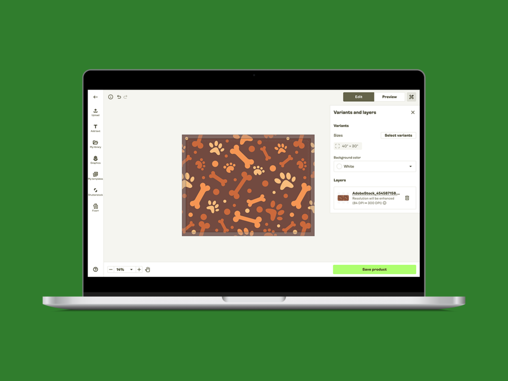 A screenshot mockup of Printify’s Product Creator used to design custom dog beds.