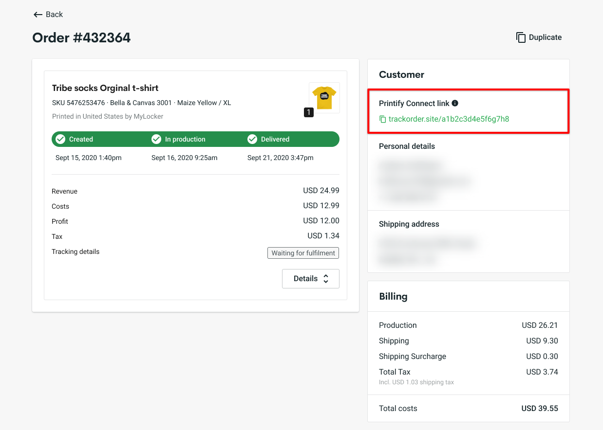 Example order page, showing the Printify Connect link on the top-right side.