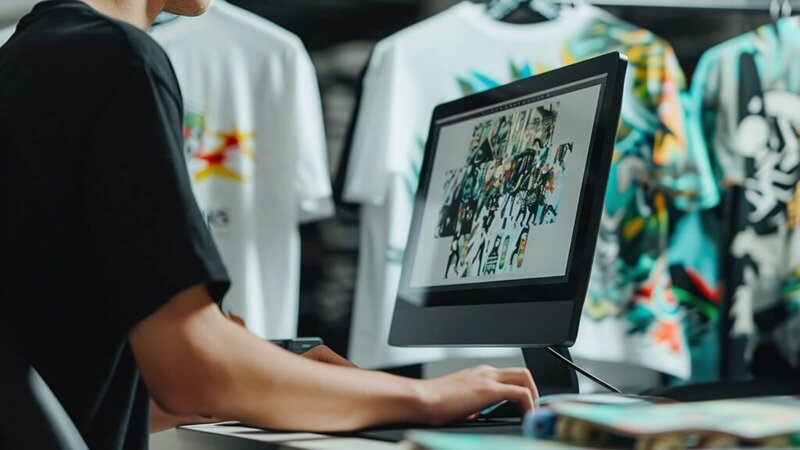 A man preparing custom t-shirt designs for print.