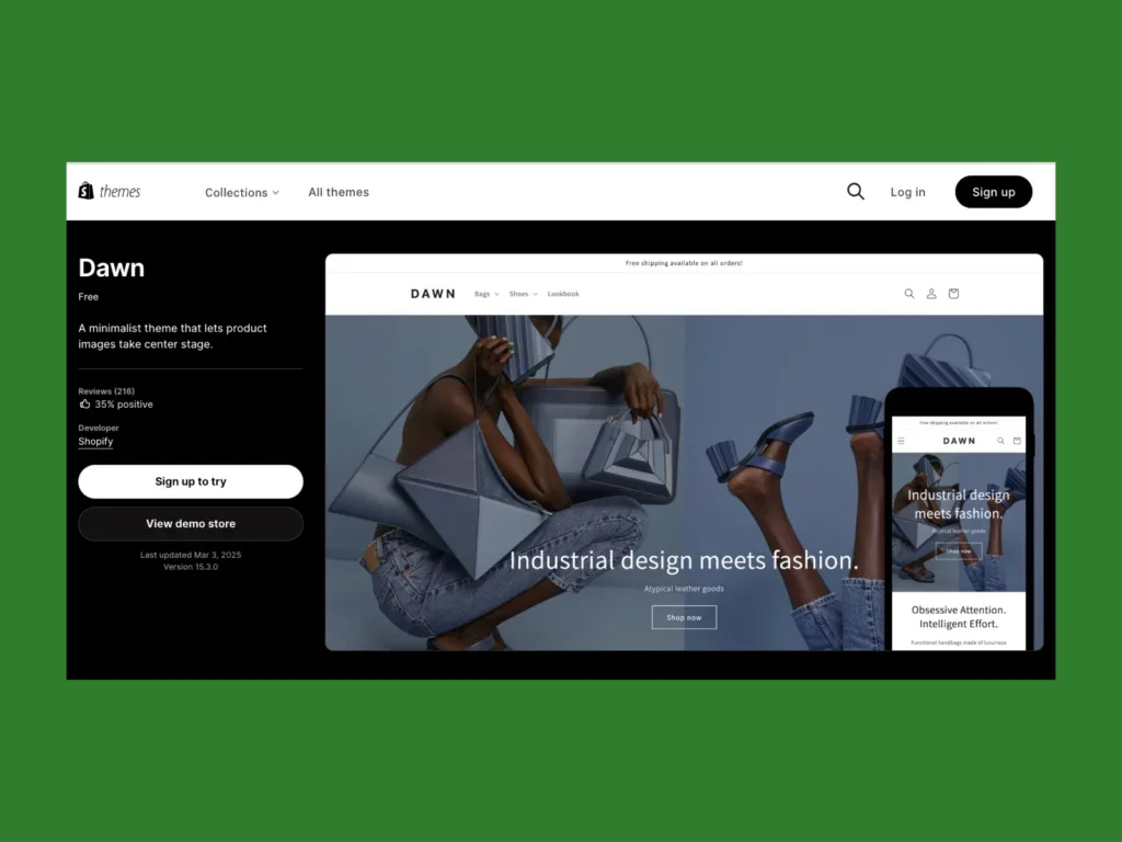 A screenshot of the Dawn theme landing page.