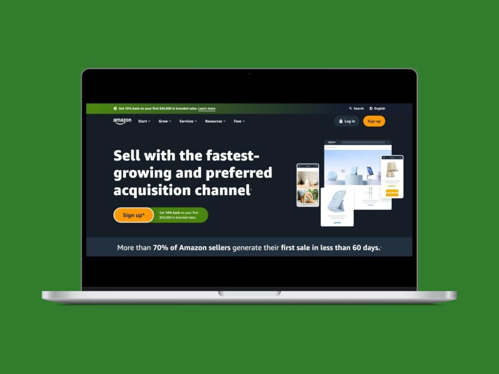 A screenshot of the Amazon homepage hero section on a laptop screen with a green background.