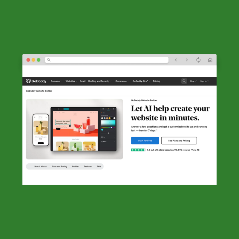 A screenshot mockup of GoDaddys Website Builder homepage hero section.