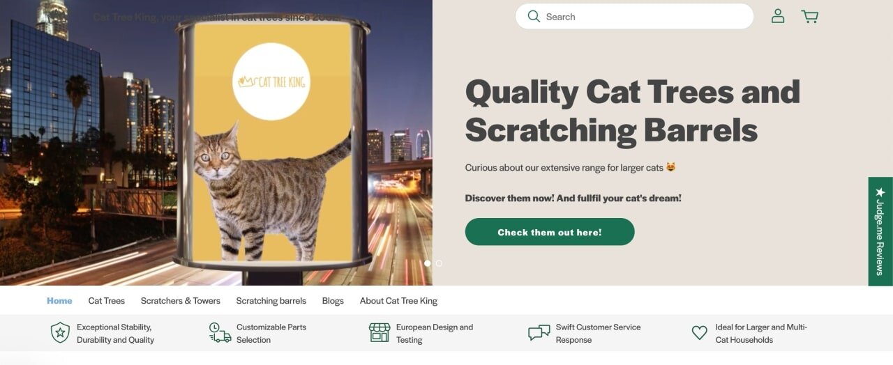 The homepage of the Cat Tree King Shopify store