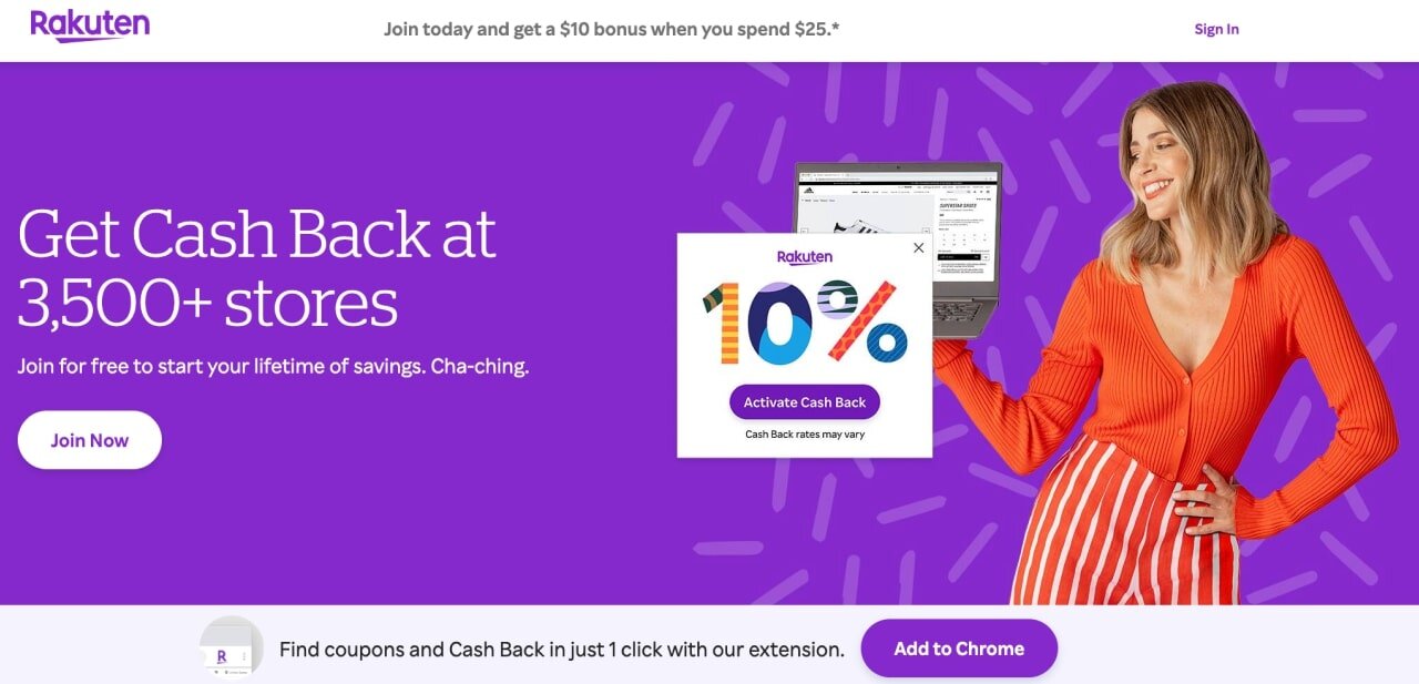 A homepage of the Rakuten website.