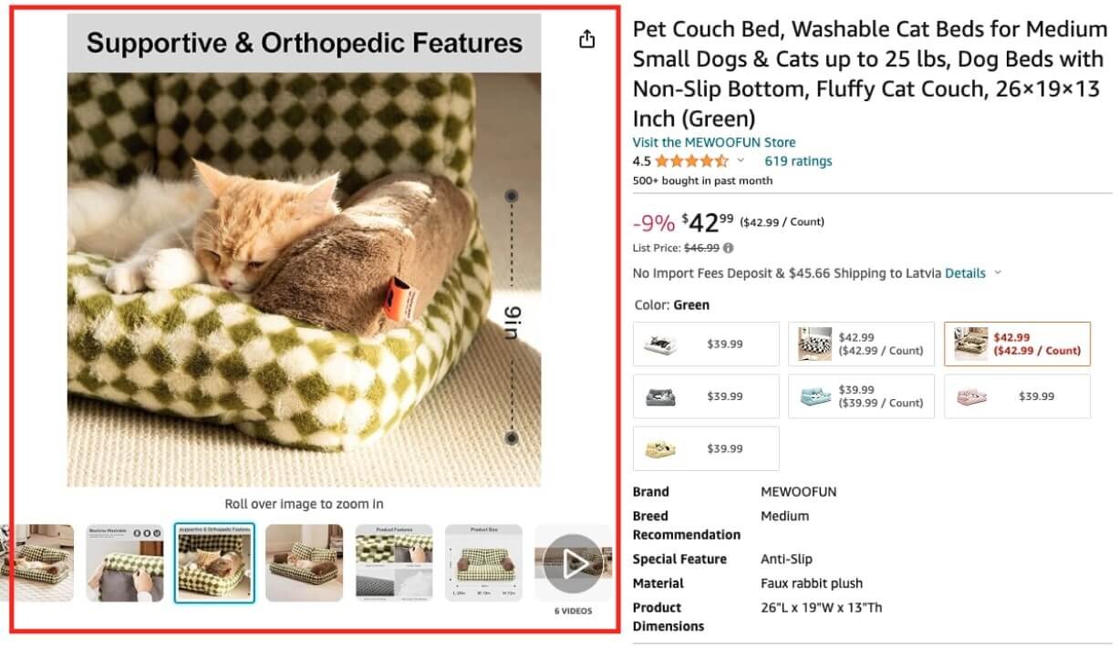 High-quality images of an example Amazon listing of a cat bed.