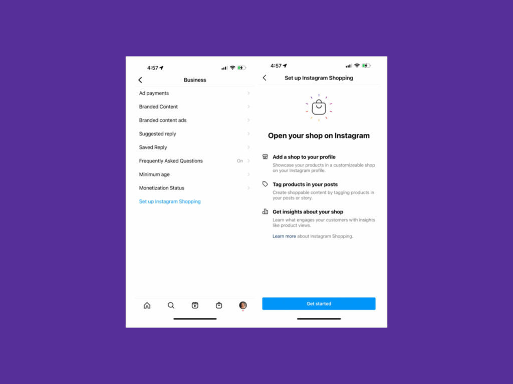 A screenshot showing how to activate Instagram Shopping.