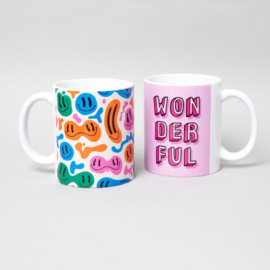 A mockup of a custom mug with an abstract illustrated print.
