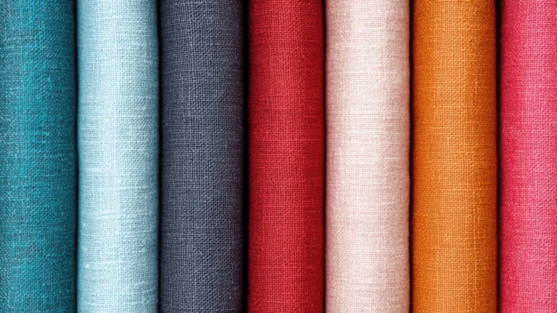 Rolls of different-colored cotton fabric stacked next to each other.