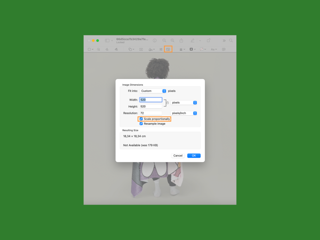 A screenshot mockup showing how to scale images on a MacOS device.