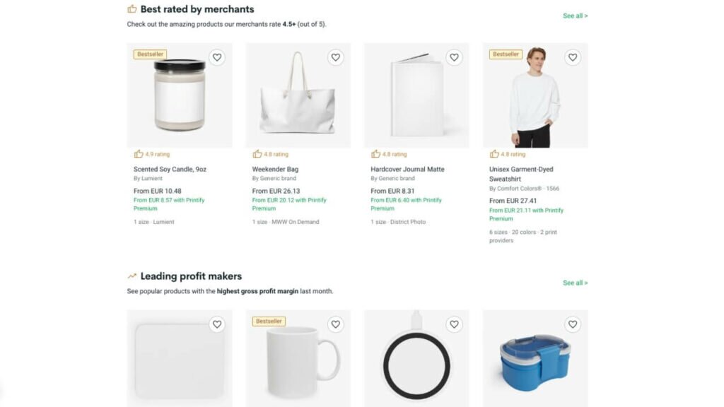 Printify's product Catalog showcasing its best-rated and most profitable products.
