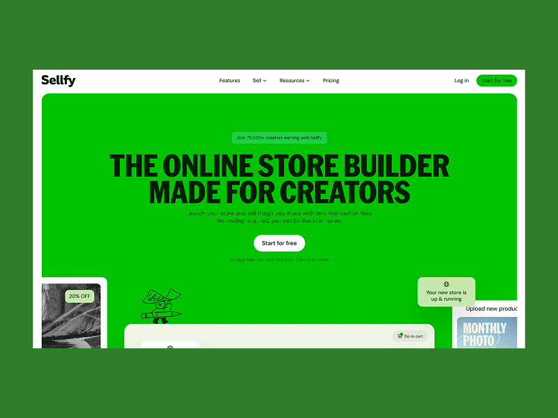 Sellfy homepage promoting its online store builder for creators.