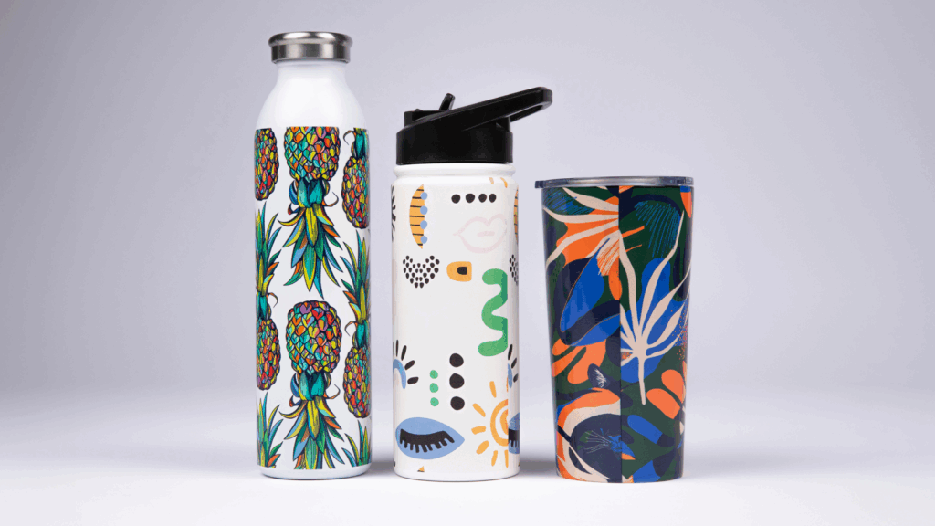 Custom water bottles and tumblers with abstract prints.