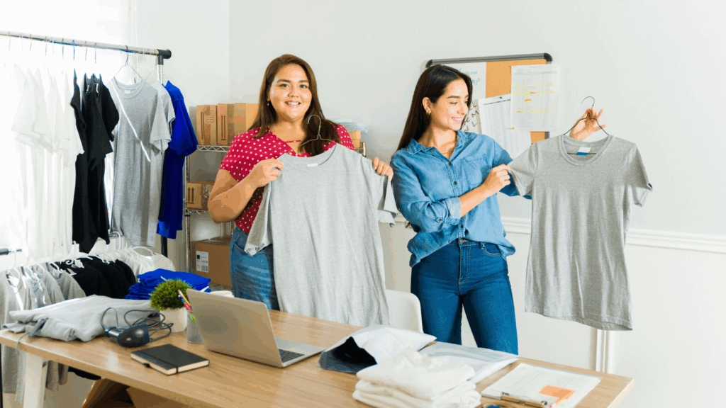 Two women are holding colorful shirts while standing in a well-lit room filled with clothing racks.