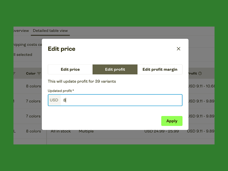 A pop up window titled "Edit price" on a website interface.