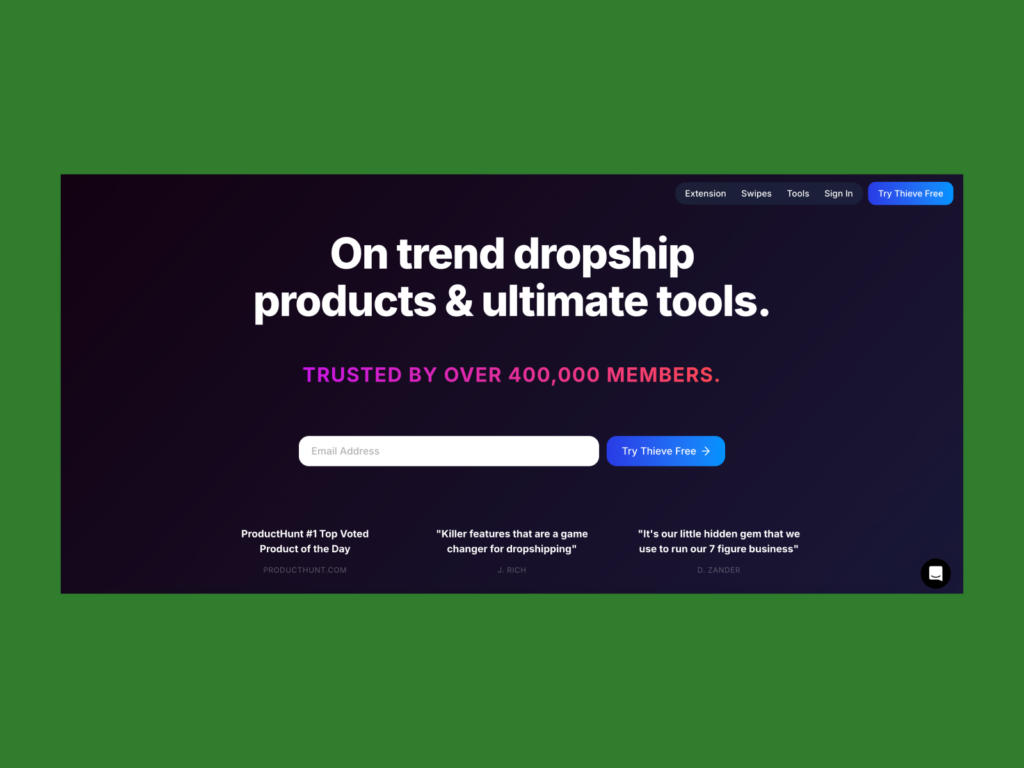 Screenshot of Thieve homepage.